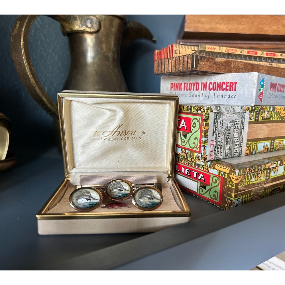 Anson Vintage Mens Gold Tone Marlin Sailfish Tie Bar and Cufflinks Set with Box